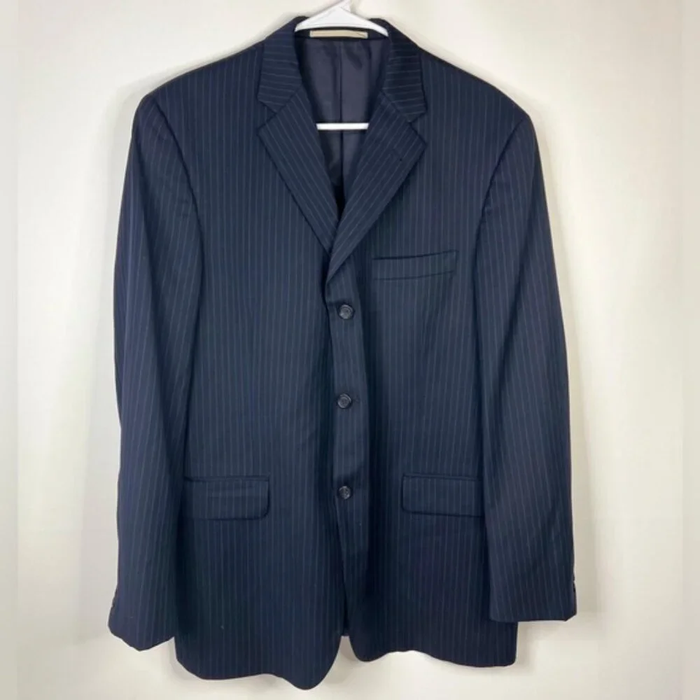 BURBERRY LONDON 100% WOOL Navy Blue Striped Suit Blazer MDL LBS41‎ Size 42 REG